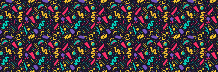 Seamless pattern with geometric shapes in the style. Multicolored vintage background with triangles, circles and squares for textile, fabric and Sudanese fabric art.