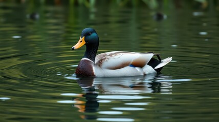 Obraz premium Male duck swimming peacefully in a serene pond surrounded by greenery in bright daylight