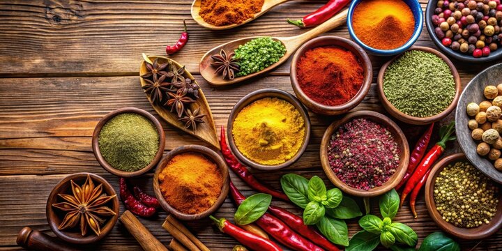 A wooden table with various colorful spices arranged neatly on it, including turmeric, cumin