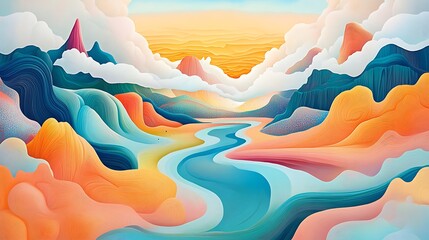 Fototapeta premium Dreamy Digital Landscape: Serene River Valley at Golden Hour AI Generated