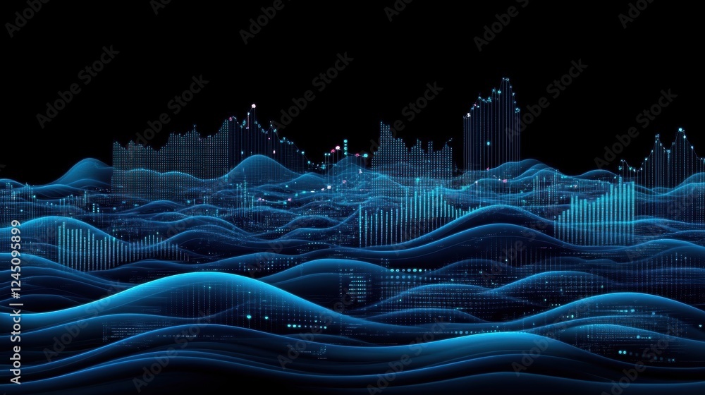 Poster a digital visualization depicting waves and graphs in blue tones, representing data flow and analyti