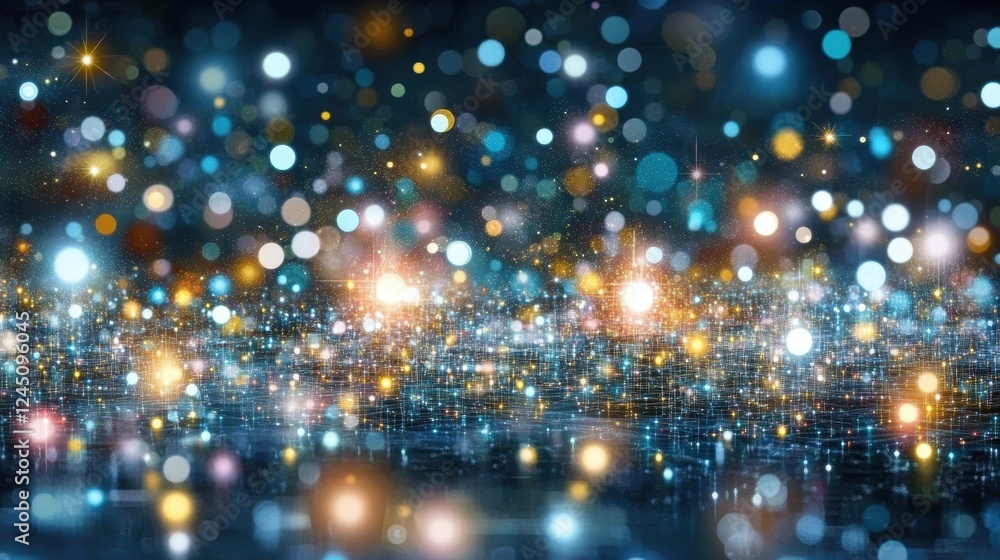 Poster a vibrant, abstract background of colorful bokeh lights shimmering against a dark backdrop, creating