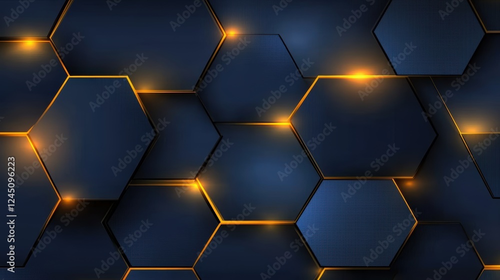 Poster a sleek, modern design featuring dark blue hexagonal patterns illuminated with golden accents, creat