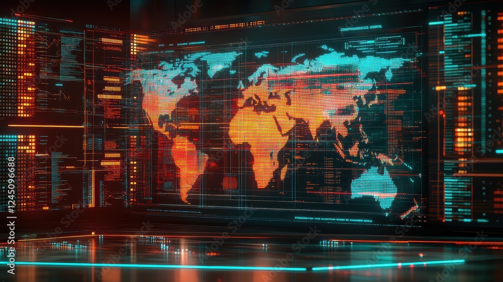 Poster a futuristic digital world map illuminated with vibrant colors, showcasing global connectivity throu