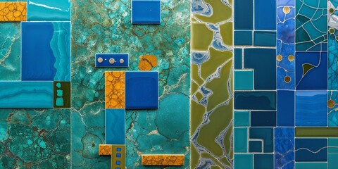Abstract Mosaic Tile Art Displaying Varied Blue Green and Gold Patterns and Textures