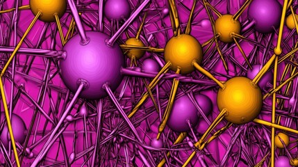 A vivid abstract representation of interconnected atoms, showcasing vibrant purple and yellow spheres linked by slender rods against a deep pink backdrop.