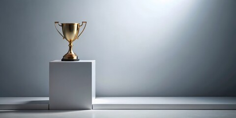 A minimalist empty podium with a single trophy placed on it, surrounded by a plain white or gray background , success, award