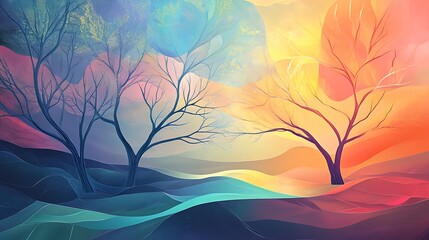 Vibrant Digital Painting of Two Bare Trees on a Colorful Hillside AI Generated