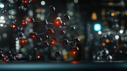A futuristic representation of molecular structures, showcasing glowing particles against a blurred, high-tech background.