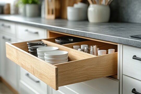 Organized kitchen drawer essentials modern home interior design bright environment close-up home organization tips