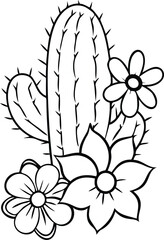 Cactus and Botanical Flowers Line Art Book Vector Design with Intricate Details