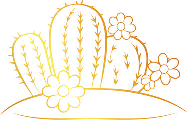 Golden Gradient Cactus with Botanical Flowers Line Art Vector Design