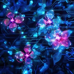 Vibrant Digital Orchids with Futuristic Circuit Patterns Background