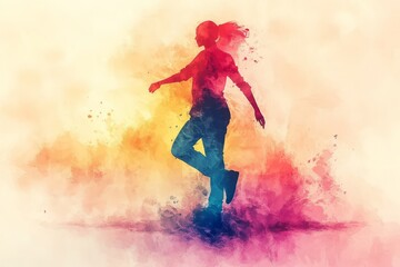 Silhouette Of A Woman Dancing, Rendered In Vibrant Watercolor Style.  Energetic And Free, Expressing Movement And Joy.