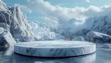 Wintry 3D ice podium set against a mountainous, frozen landscape, ideal for showcasing cosmetic products in a cool setting.