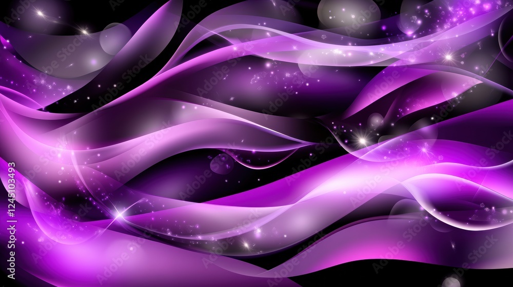 Poster a vibrant abstract design featuring flowing purple waves and sparkling elements on a black backgroun
