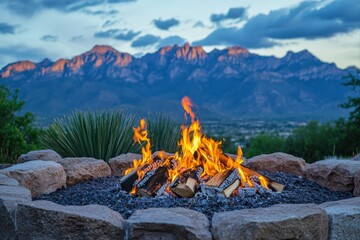 Campfire gathering at sunset majestic mountains outdoor photography scenic landscape warm atmosphere friendship and connection