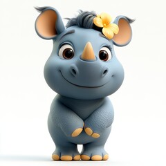 Naklejka premium Cute Cartoon Rhinoceros Character with Flower on White Background