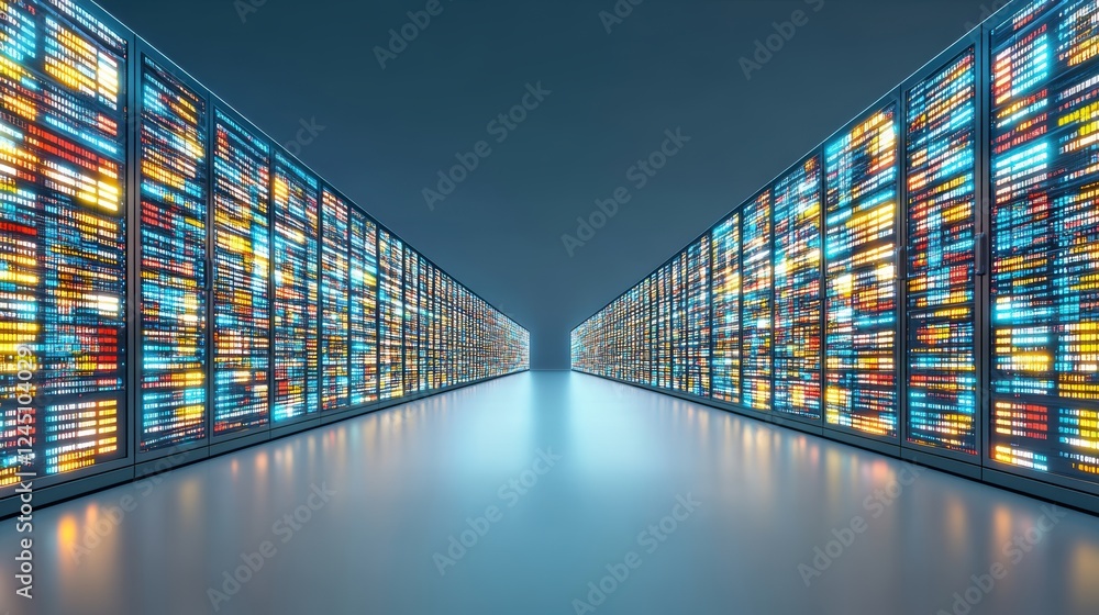 Poster a modern data center with rows of illuminated server racks, showcasing vibrant lights and a sleek, h