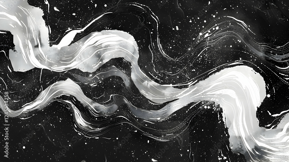 Poster abstract black and white waves flowing across a dark background, creating a dynamic visual effect