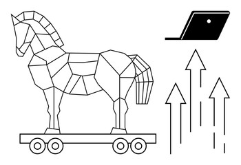 Geometric Trojan horse on wheels, laptop with screen facing left, and three upward arrows. Ideal for cybersecurity, technology threats, growth potential, innovation, digital strategy, online