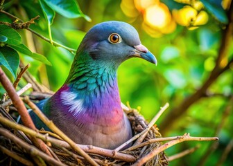 Obraz premium Pigeon Nest Close-Up, Bird Nest Tree, Wildlife Photography, Avian Nature, City Pigeon, Wild Bird, Feathered Friend, Bird in Nest High Resolution Image