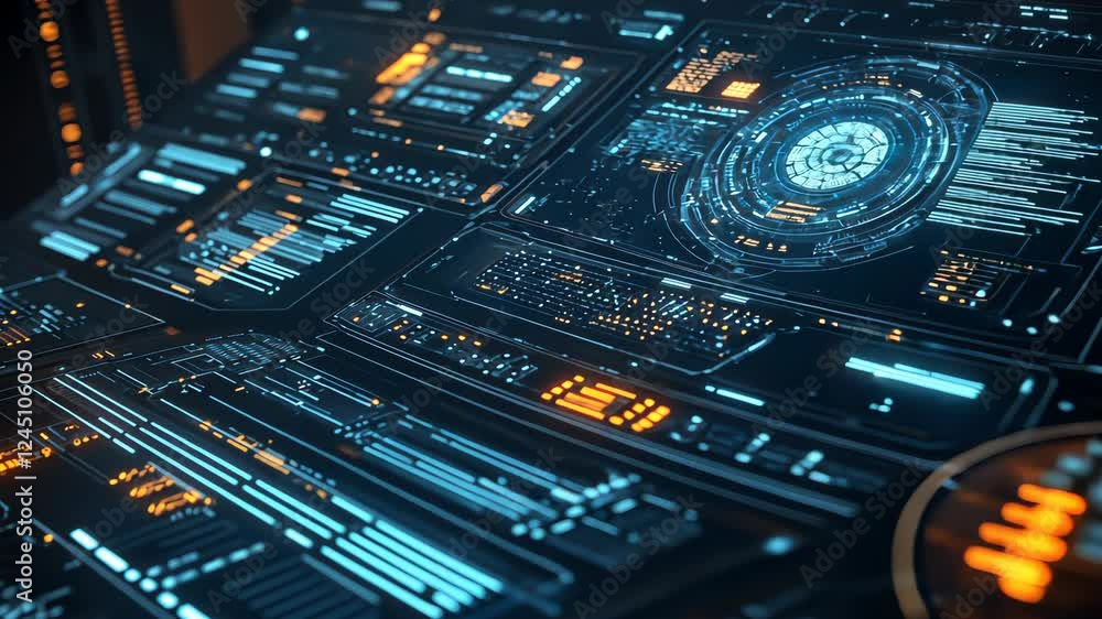 Poster futuristic interface animation of digital control panels with dynamic blue and orange lights