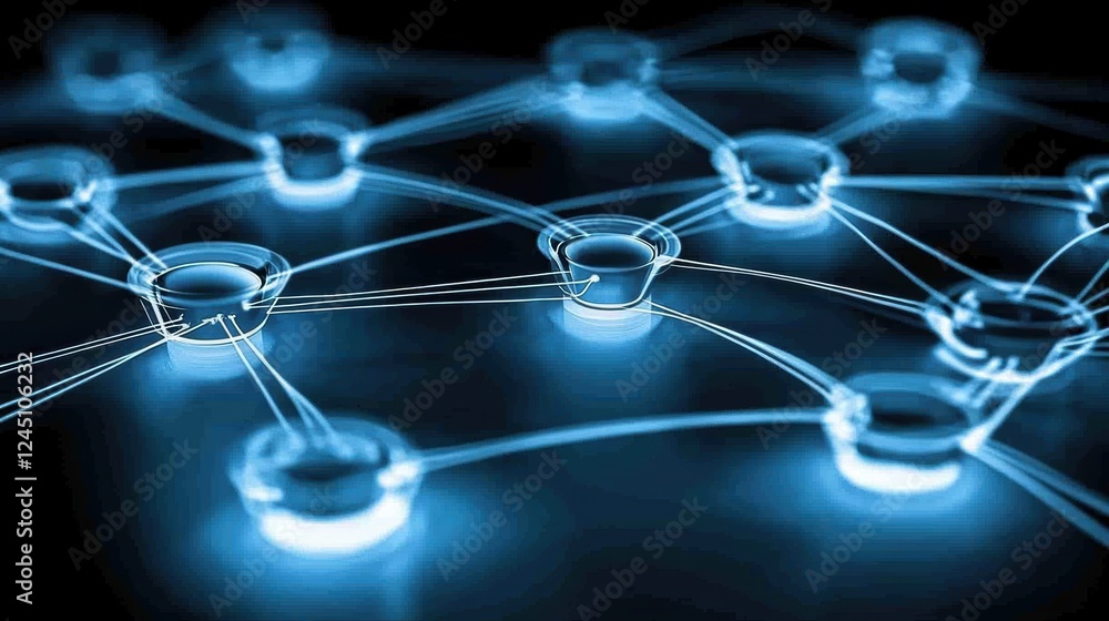 Poster a digital representation of a network, featuring interconnected nodes and glowing lines, symbolizing