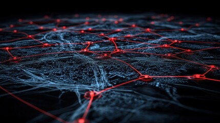Abstract digital network visualization with interconnected nodes and lines in blue and red, representing data flow and connectivity.