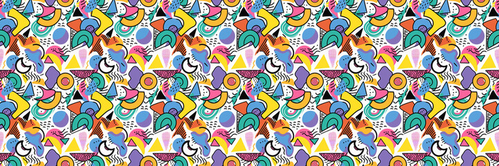 Seamless pattern with geometric shapes in the style. Multicolored vintage background with triangles, circles and squares for textile, fabric and Sudanese fabric art.