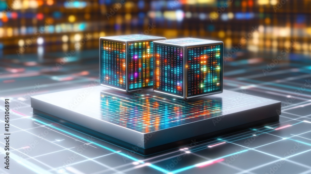 Poster a futuristic representation of quantum computing, featuring glowing cubes on a digital platform, set