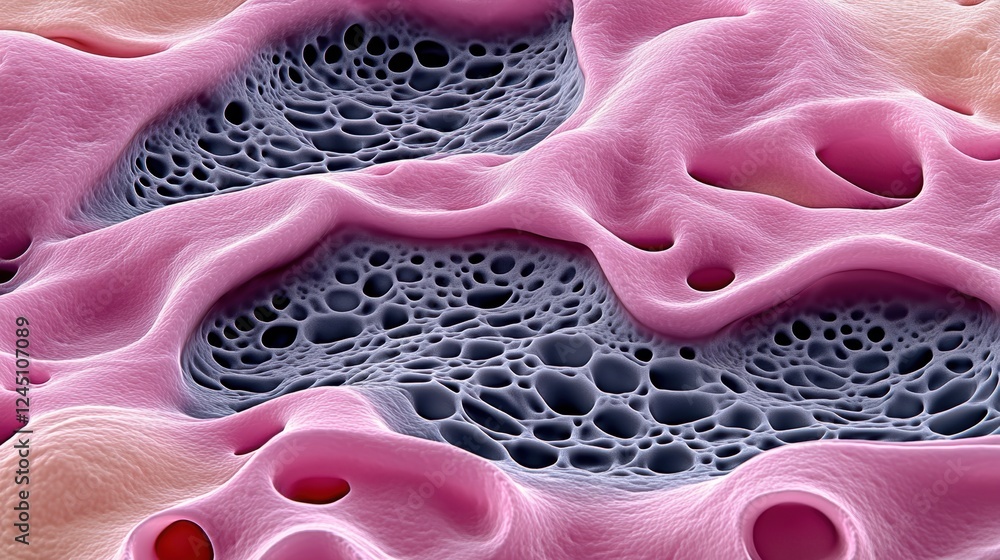 Poster a close-up of a textured surface showing intricate patterns of pink and gray, resembling cellular st