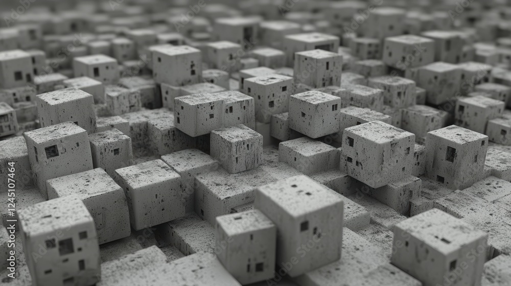 Poster a dense arrangement of abstract, cube-like structures in muted tones, creating a sense of depth and 