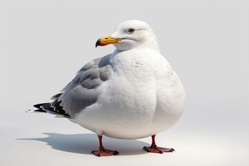 Fototapeta premium A plump seagull stands on a white background, showcasing its grey and white plumage, yellow beak, and red legs.