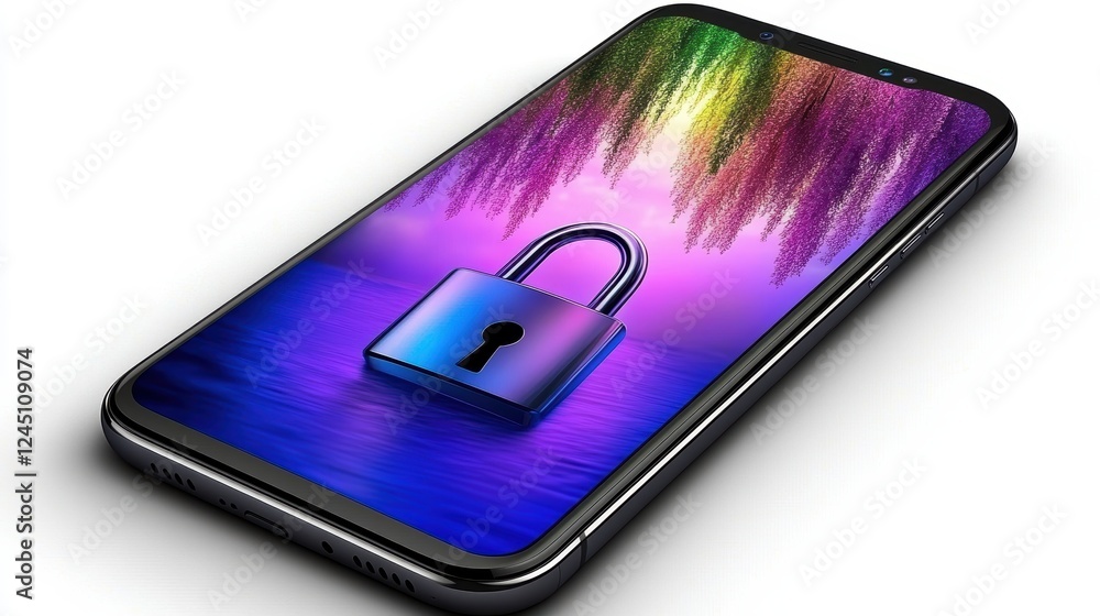 Poster a smartphone display shows a colorful, abstract background with a prominent padlock, symbolizing sec