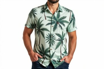 Fototapeta premium A man models a light green palm tree shirt