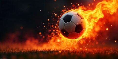  Soccer ball soaring through the air encircled by fiery flames with sparks trailing behind it