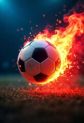 Naklejka premium Soccer ball spinning rapidly, engulfed in vibrant flames with sparks flying outward