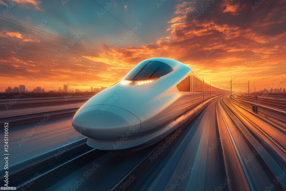 Poster velocity in motion: high-speed train racing on rail track with blurred speed effect