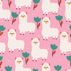 seamless pattern cute cartoon llama an flower. cute animal drawing for wallpaper, pattern, background