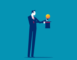 Business magician pulling a light bulb out of his hat. Business extraordinary magic trick vector flat style