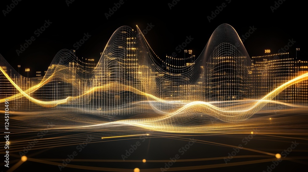 Poster a dynamic, glowing digital landscape featuring wave patterns and a skyline of lights, representing t