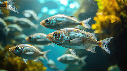 Fototapeta premium A school of silvery fish swim in a large aquarium, surrounded by underwater plants. The water is clear, and sunlight filters through.