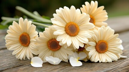 Fototapeta premium Creamy White Daisies Bouquet Spring Flowers Petals Wooden Background