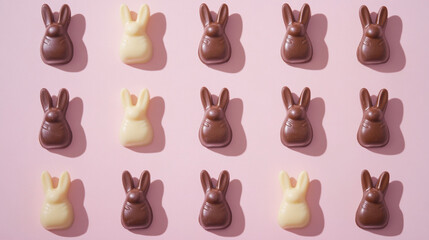 Chocolate bunny figurines, milk and dark chocolate, lined arrangement, Easter holiday theme, festive confectionery display