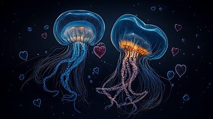 Romantic Jellyfish Duo: A Digital 3D Render of Ocean Love AI Generated