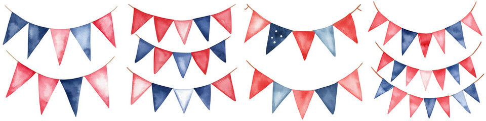 Obraz premium Colorful patriotic bunting flags in red, white, and blue for celebrations, isolated on transparent background.