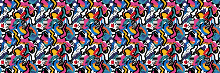 Seamless pattern with geometric shapes in the style. Multicolored vintage background with triangles, circles and squares for textile, fabric and Sudanese fabric art.