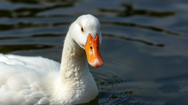 White duck swimming gracefully in calm water on a sunny day in the park - Powered by Adobe