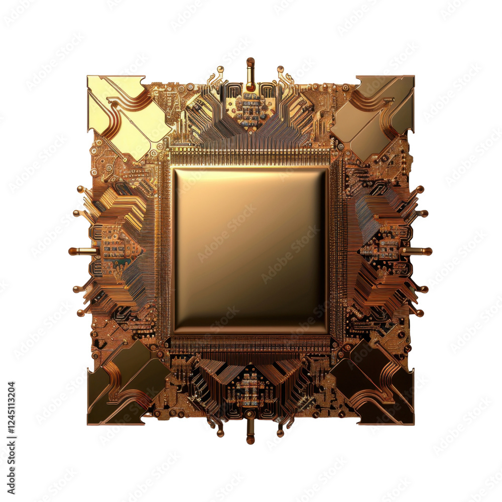 Poster golden microchip with intricate circuit patterns, symbolizing technology and innovation. this captur